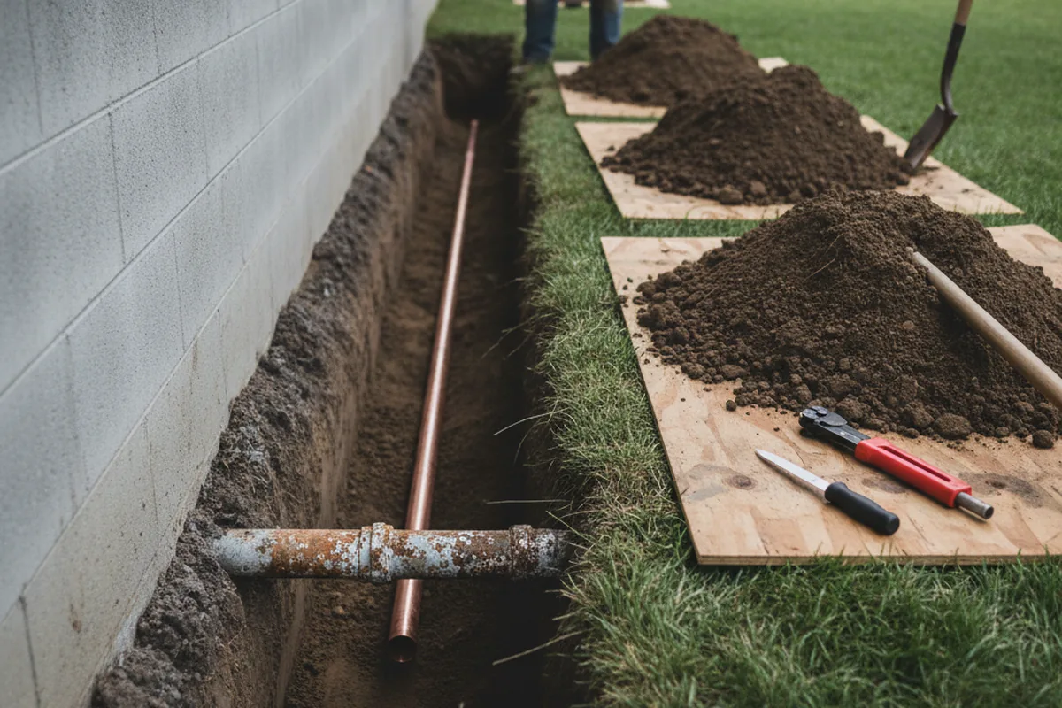 Excavated water line trench during Water Softener Installation in Stopover